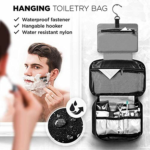 Hanging toiletry bag with waterproof fastener and hook, man shaving.